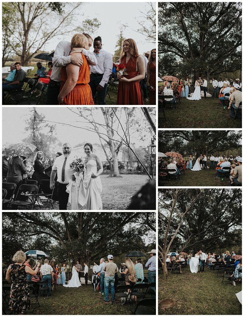 Outdoor wedding ceremony under big tree in backyard