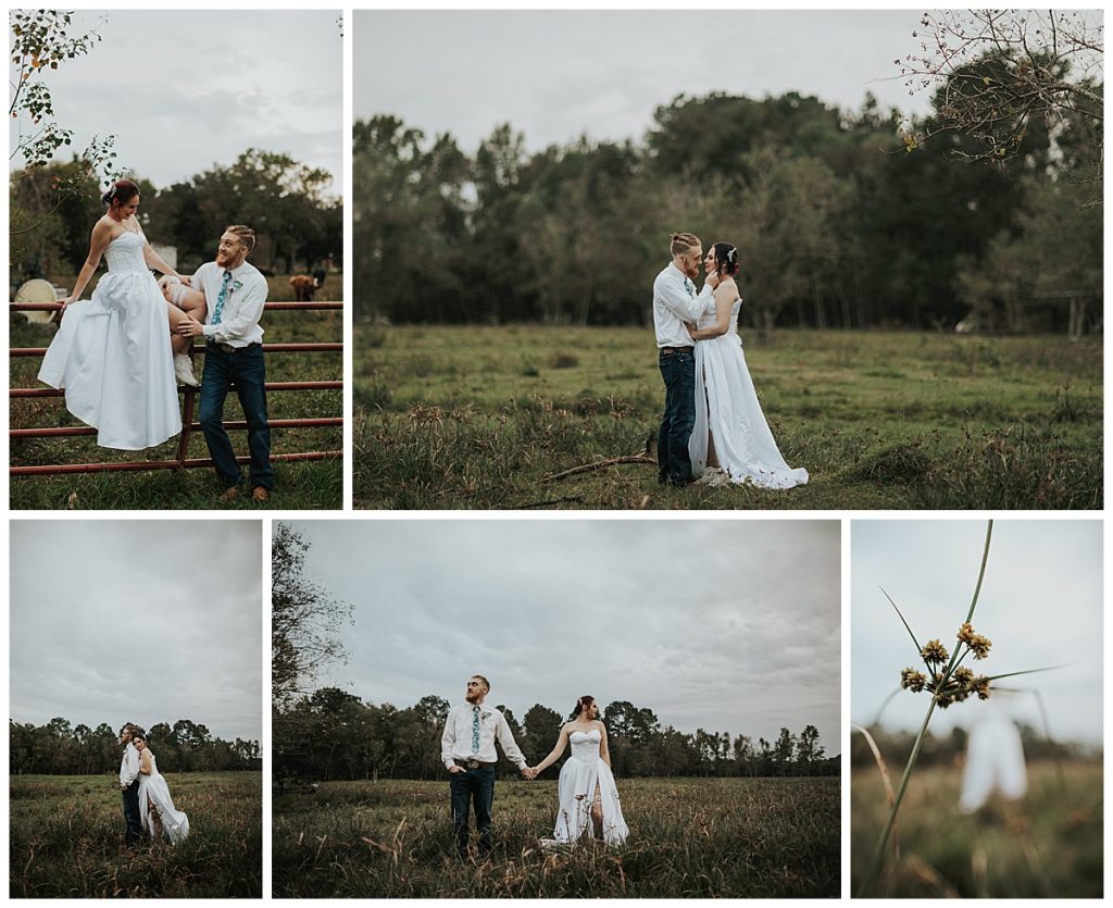 Outdoor portraits of bride and groom in the pasture