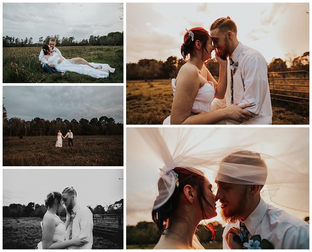 Bride and groom during the sunset kissing